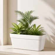 White stone textured rectangular planter with architectural greenery