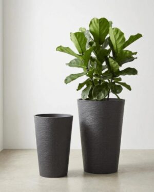 Luxury black stone textured tall round planters in Medium and Large