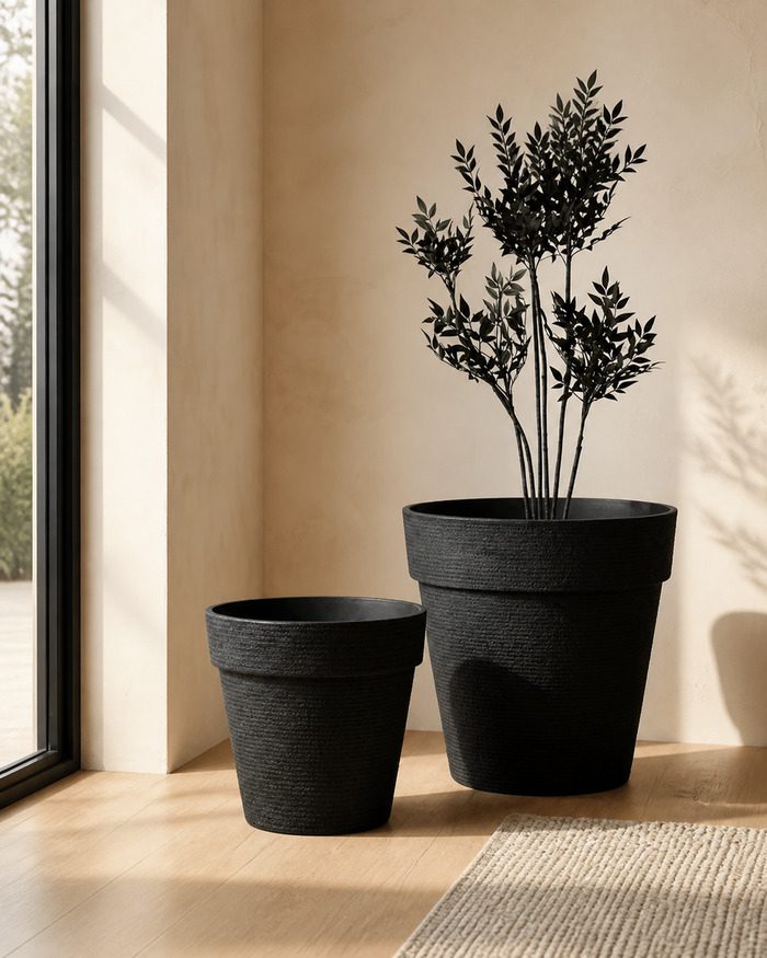 featured-jumbo-stone-textured-round-planter-black Luxury jumbo stone textured round planter in Black