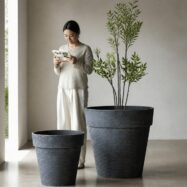 Luxury jumbo stone textured round planter in Blue Gray