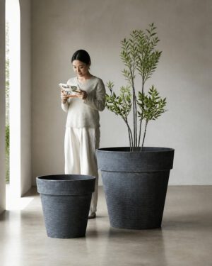Luxury jumbo stone textured round planter in Blue Gray