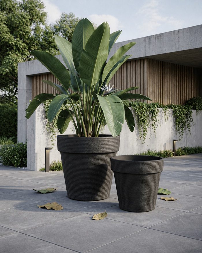 gallery-jumbo-black-planters-modern-courtyard Black jumbo stone textured planters in a modern courtyard