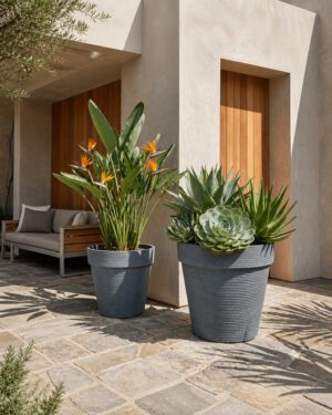 gallery-jumbo-blue-gray-planters-architectural-patio Blue Gray jumbo stone textured planters on a modern architectural patio